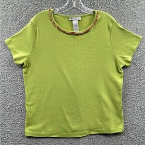 Womens Knit Top XL Green Beaded Neck Short Sleeve Pullover Casual Comfortable